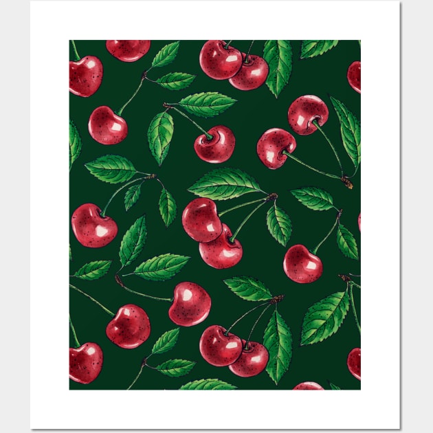 Red cherries on dark green Wall Art by katerinamk